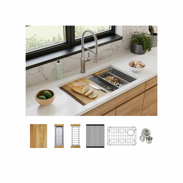 Elkay Crosstown Workstation installed in kitchen highlighting all of the different elements included with the sink